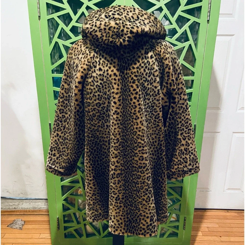 Dennis Basso Luxury Cheetah Print Hooded Faux Fur Coat